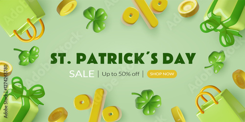 St. Patrick's Day sale banner with 3d realistic shamrock, coins, green shopping bag and gift box. Holiday special offer background design. Vector illustration.
