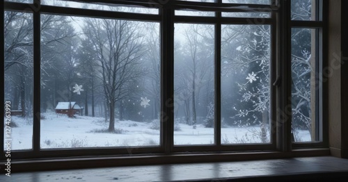 Frosty windowpanes on a cold winter morning with snowflakes gently falling outside, frosty window, frozen glass, snowfall