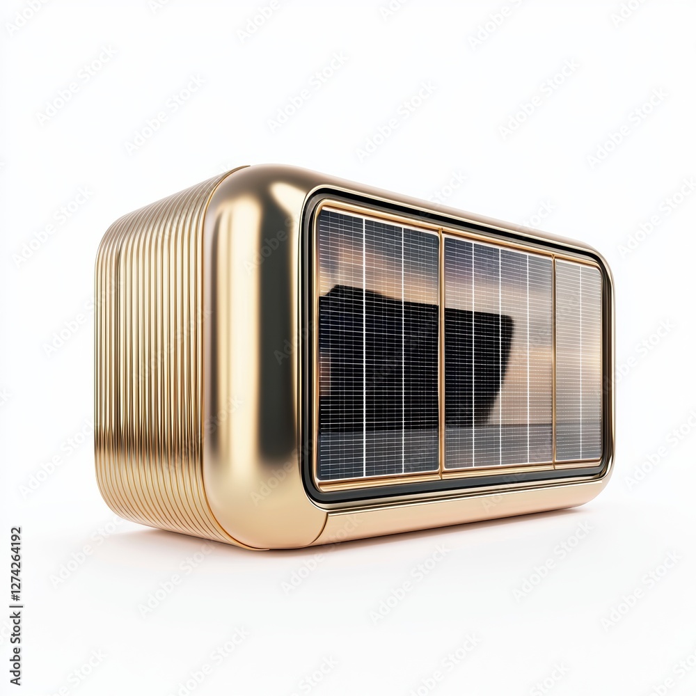 Fototapeta premium a luxurious golden house with a sleek metallic roof and high-tech solar panels, futuristic sustainable architecture, ultra-detailed reflections, isolated on white background