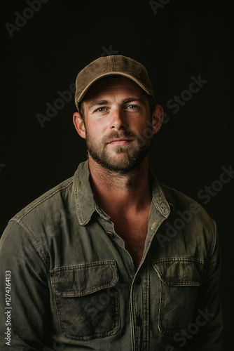Portrait of a Bearded Man in a Corduroy Shirt and Cap
