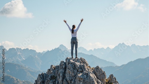 Successful businesswoman triumphantly on mountain peak