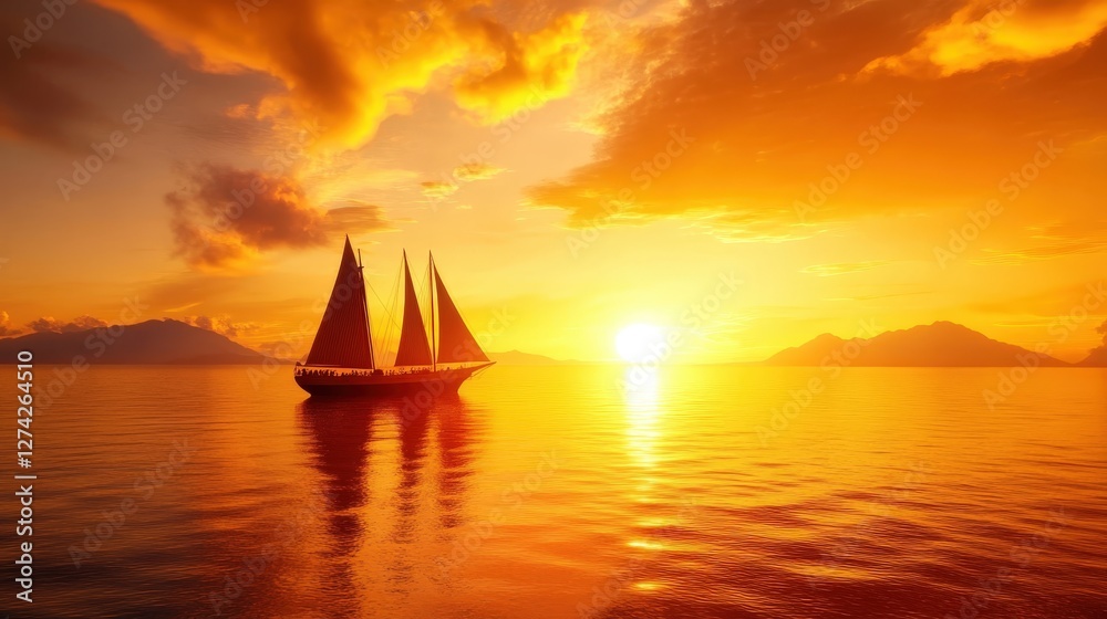 Fototapeta premium A stunning sunset over calm waters with a silhouette of a sailboat