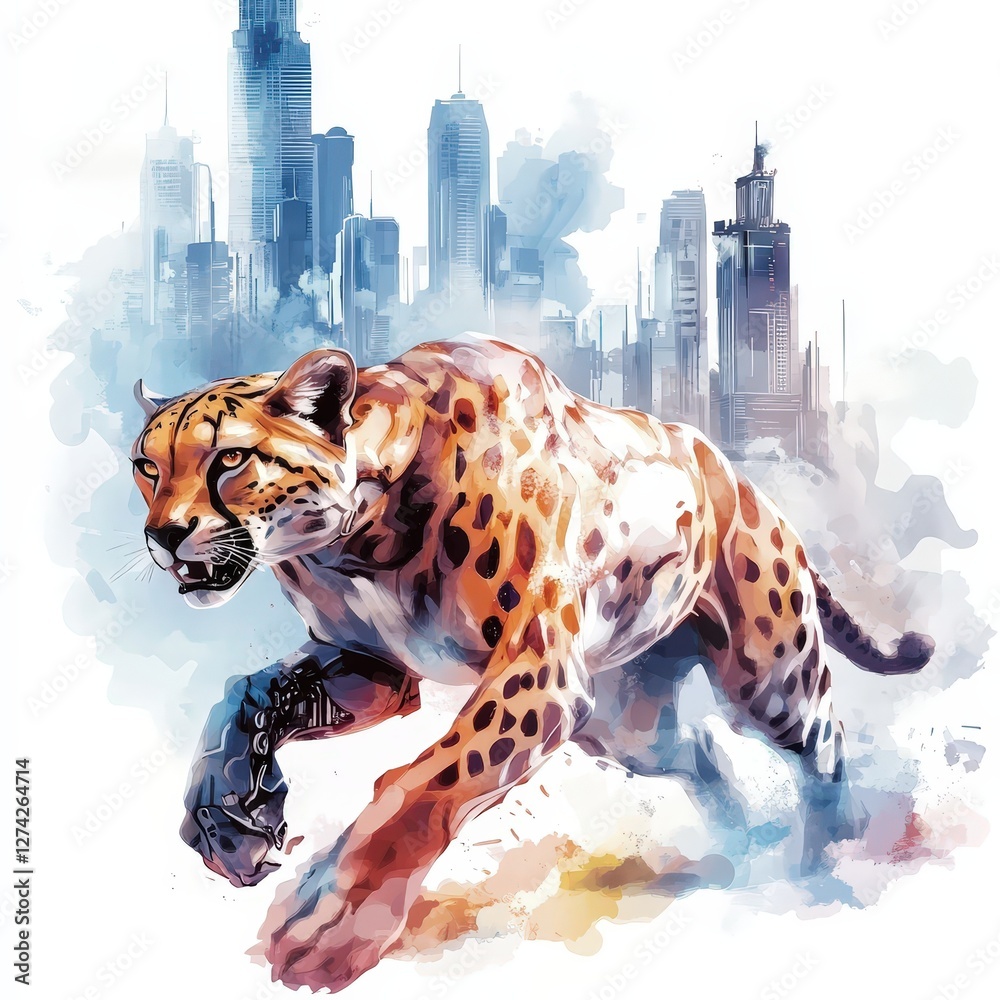 Obraz premium Vibrant Urban Jungle: Dynamic Watercolor Illustration of a Powerful Roaring Tiger & Leopard in the Cityscape