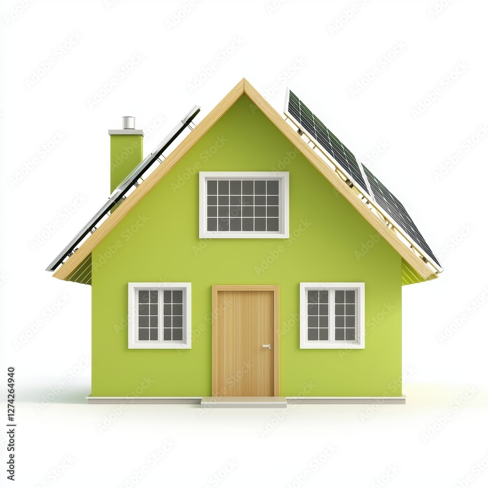 a pastel green eco-friendly house with a wooden roof and solar panels, sustainable living theme, high-detail shading, isolated on white background a pastel green eco-friendly house with a wooden roof and solar panels, sustainable living theme, high-detail shading, isolated on white background