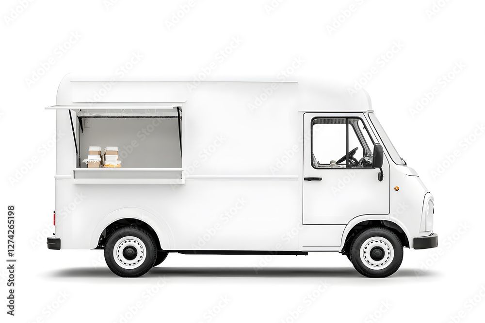 White food truck side view isolated white background White food truck side view isolated white background