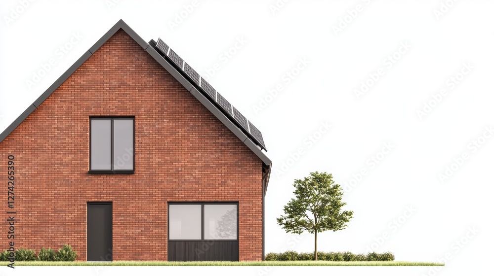 a rustic red brick house with dark gray solar panels, countryside sustainable living, realistic texture and shading, isolated on white background a rustic red brick house with dark gray solar panels, countryside sustainable living, realistic texture and shading, isolated on white background