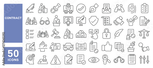 Set of 50 line icons related to contract, signature, legal, document, stamp, official, ownership, deed, paper, license, agreement, authorize, certify, Editable stroke. Vector illustration