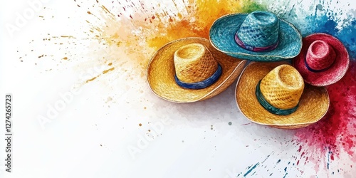 Colorful sombreros arranged artistically with vibrant paint splashes in the background for a festive atmosphere photo