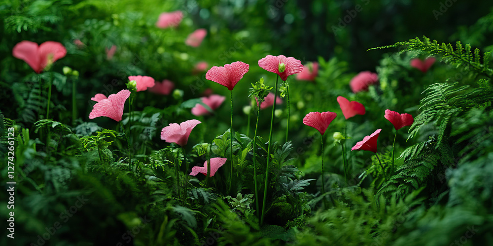 Pink Flowers and Ferns in a Garden Setting Pink Flowers and Ferns in a Garden Setting