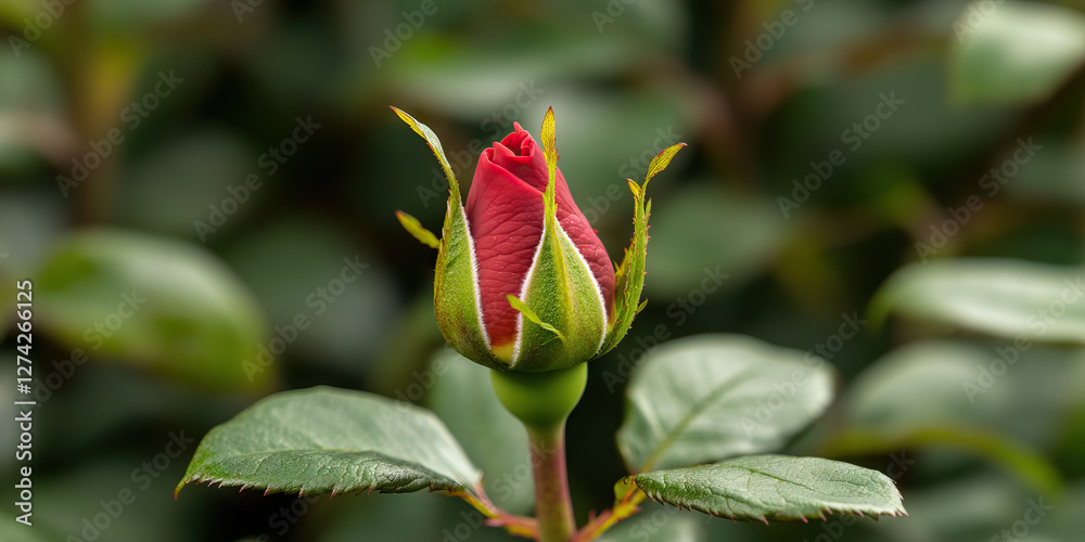 Unopened Red Rosebud with Green Foliage Unopened Red Rosebud with Green Foliage