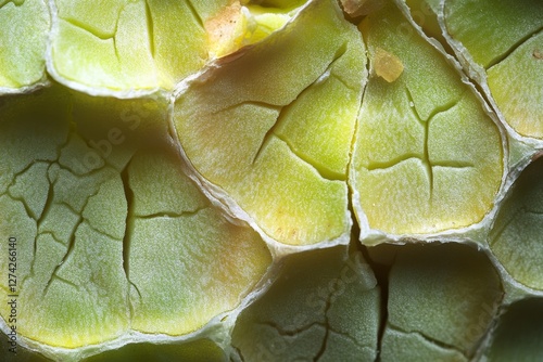 Close-up of a cracked green organic surface resembling reptile skin photo