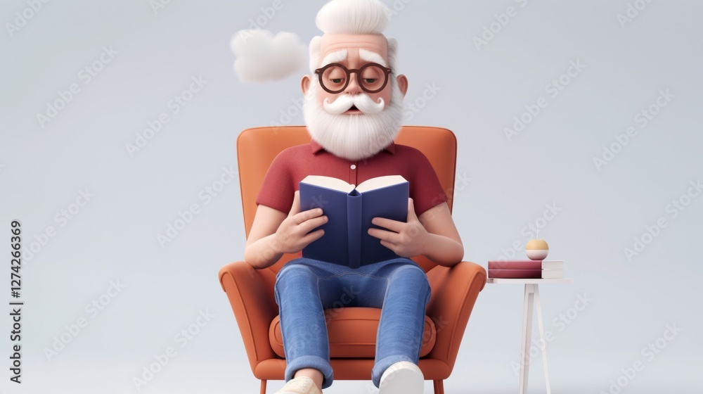A man in his 60s with diverse ethnic background is sitting in a cozy orange armchair, engaged in reading a book. His thoughtful expression and casual attire create a serene atmosphere A man in his 60s with diverse ethnic background is sitting in a cozy orange armchair, engaged in reading a book. His thoughtful expression and casual attire create a serene atmosphere