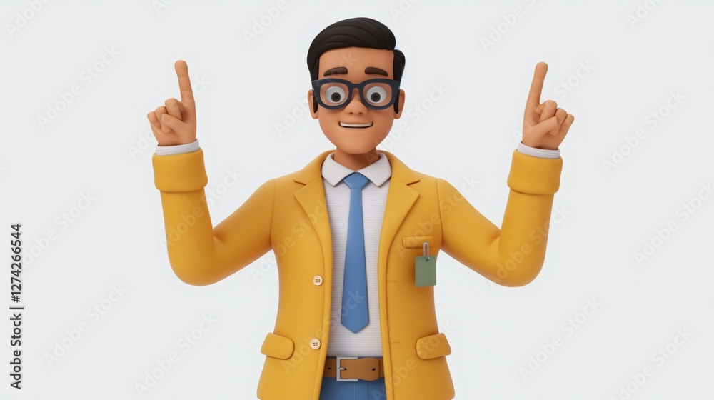 A friendly business person in his 40s wearing business casual attire is pointing upwards with both hands. He has a diverse ethnicity and looks directly at the viewer A friendly business person in his 40s wearing business casual attire is pointing upwards with both hands. He has a diverse ethnicity and looks directly at the viewer