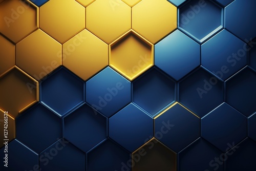 Abstract background with blue and gold hexagons, surface is dynamic. For wallpapers, textures