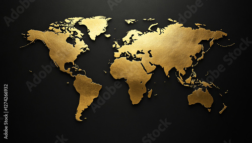 Fototapeta Naklejka Na Ścianę i Meble -  A miniature world map in gold foil on a black background.