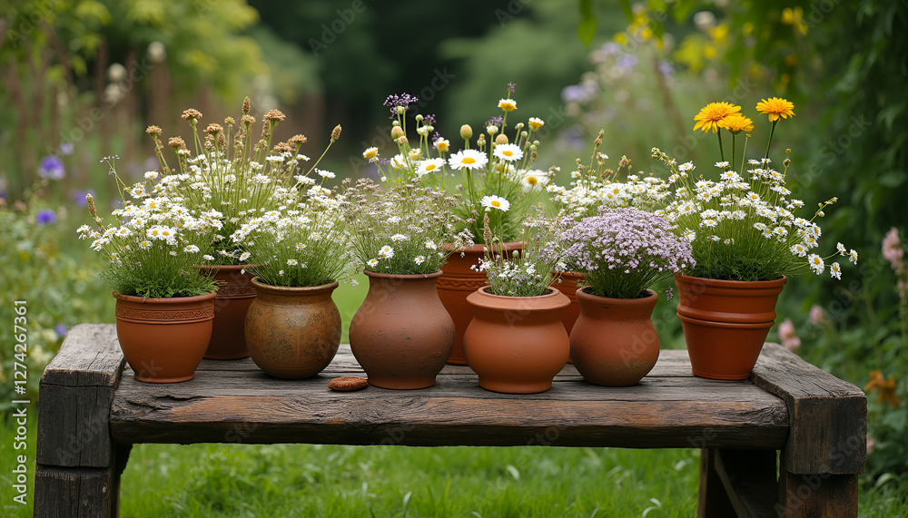Flower pots arranged on wooden bench in a garden, Flower garden planting, Seasonal flower bloom Flower pots arranged on wooden bench in a garden, Flower garden planting, Seasonal flower bloom