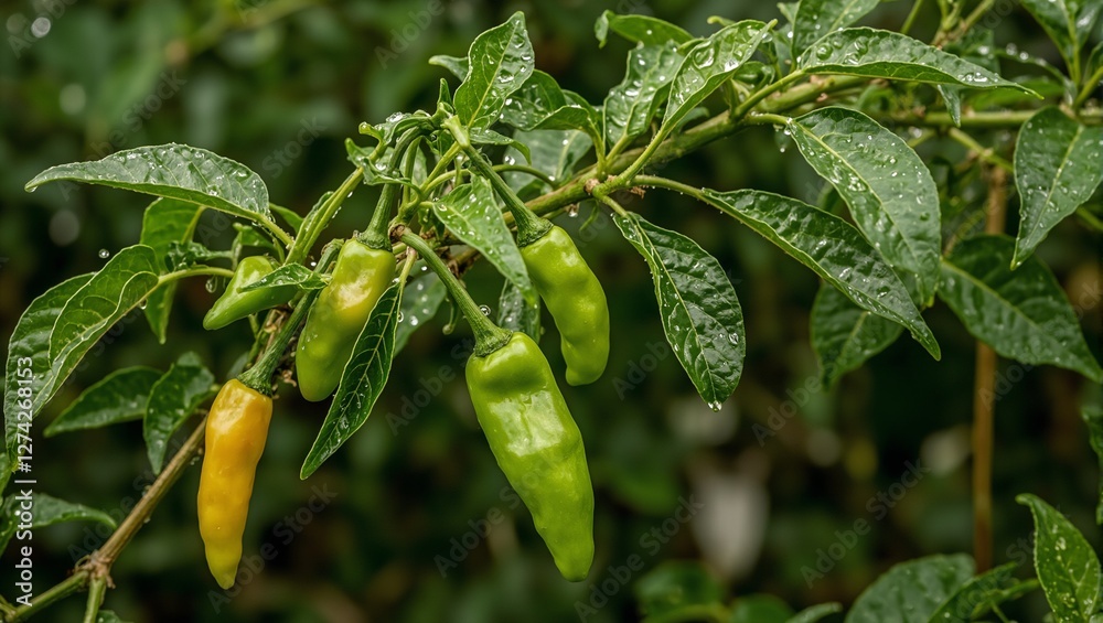 Obraz premium Vibrant green chilies on bush water droplets glistening