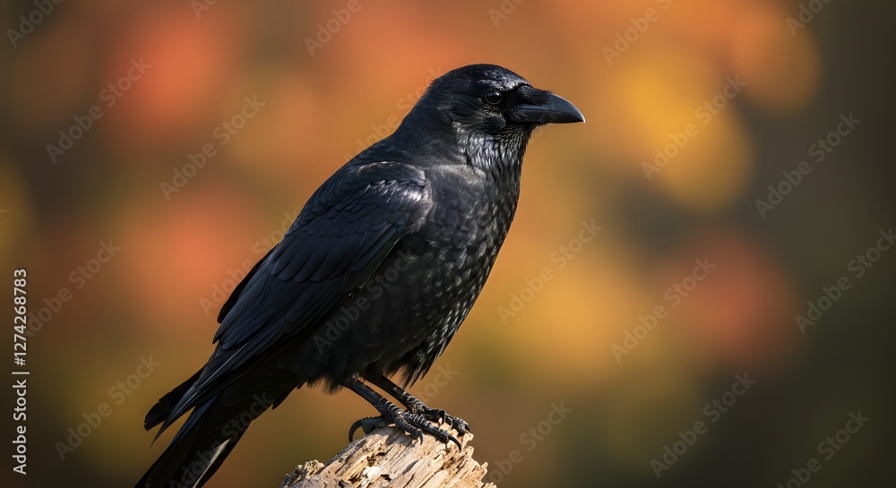 Fototapeta premium Raven Perched on Branch Autumnal Background Wildlife in Natural Habitat
