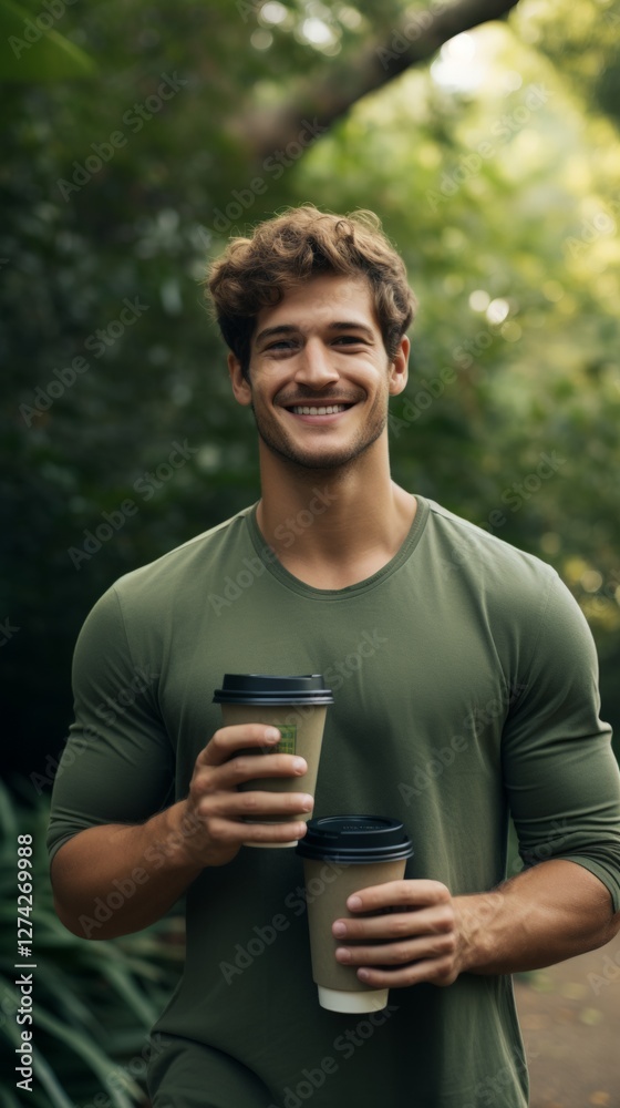 Young caucasian male holding coffee cups in outdoor greenery Young caucasian male holding coffee cups in outdoor greenery