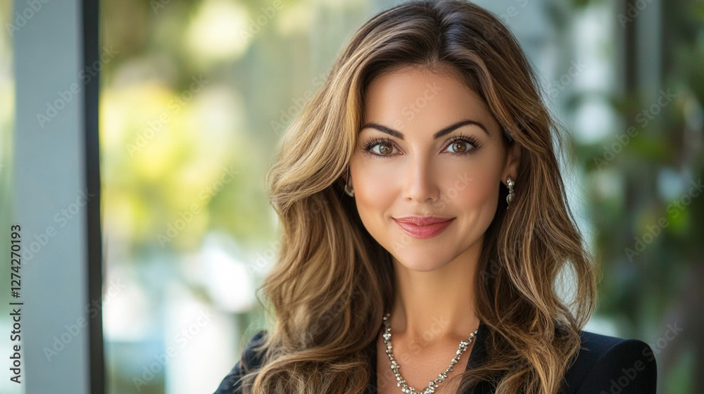 A professional woman with long hair smiles confidently in a modern environment, showcasing her elegance and expertise. Perfect for business and career-focused themes. A professional woman with long hair smiles confidently in a modern environment, showcasing her elegance and expertise. Perfect for business and career-focused themes.