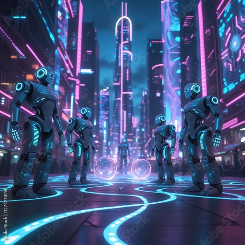 Dynamic digital interaction among virtual figures in a futuristic metaverse environment engaging technology concept art,Several robots walking with umbrellas and city crowds in the background.
