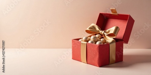 A red gift box with a gold ribbon, overflowing with gleaming metallic spheres, presents a delightful surprise.