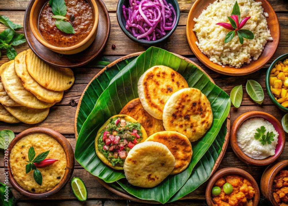 Fototapeta premium Savory pupusas and sweet nuegados: El Salvador's culinary delights, perfectly captured in a flat lay.