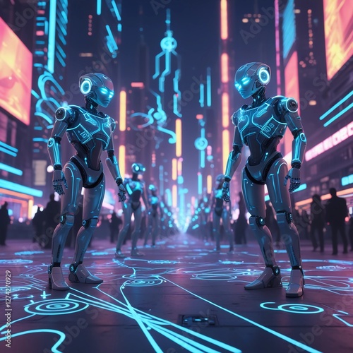 Futuristic athletes compete in a high-tech arena filled with holograms and neon lights., Advanced cyborg in a cyberpunk cityscape,AI Driven Robo Advisor Optimizing Investment Portfolio in Real Time.