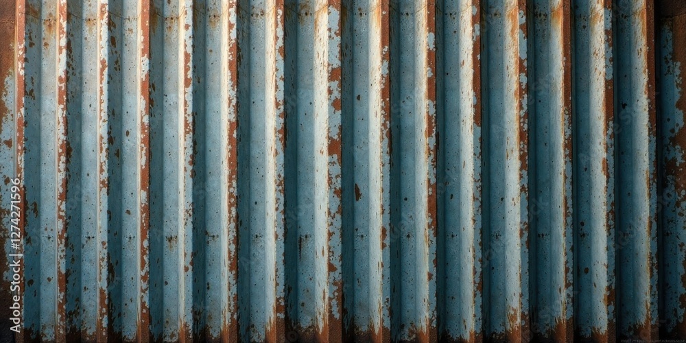 Rustic Weathered Steel Corrugated Metal Sheet Texture with Faded Blue Paint and Rust Accents