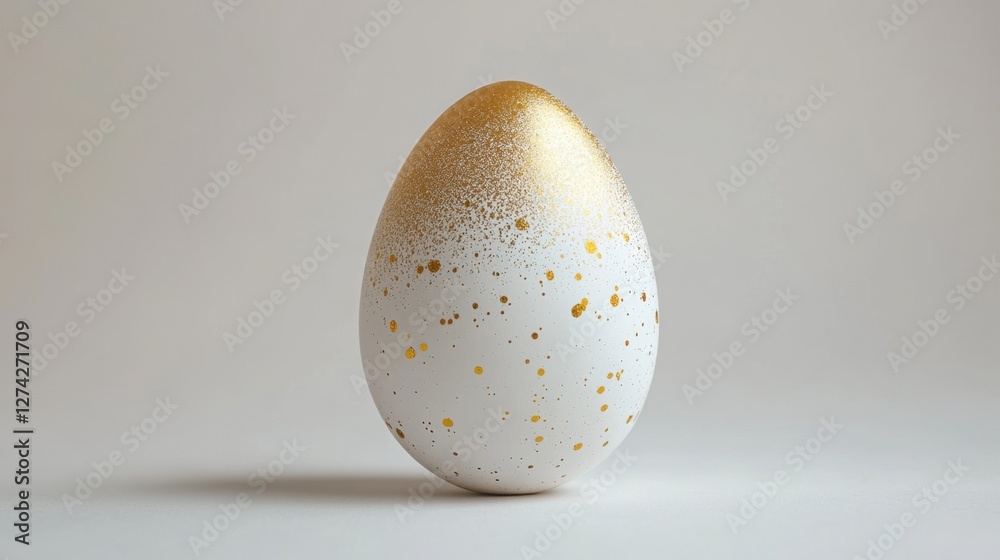 White egg with gold splatter pattern on a plain background for decorative or culinary use White egg with gold splatter pattern on a plain background for decorative or culinary use