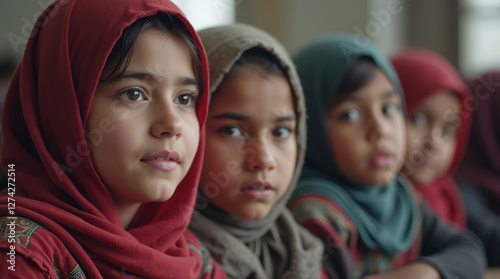 Afghan Girls and Women in Traditional Headscarves at School, women’s rights, access to education in conservative societies, gender roles empowerment, suppression of women's voices & fight for freedom