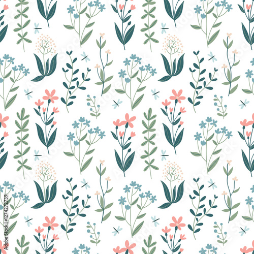 Seamless pattern with wildflowers, herbs and dragonflies. Simple hand drawn style.