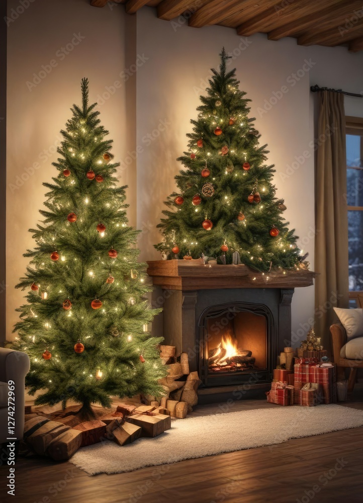 Fir Christmas tree in front of a cozy fireplace, cozy atmosphere, snug living space, fir trees Fir Christmas tree in front of a cozy fireplace, cozy atmosphere, snug living space, fir trees