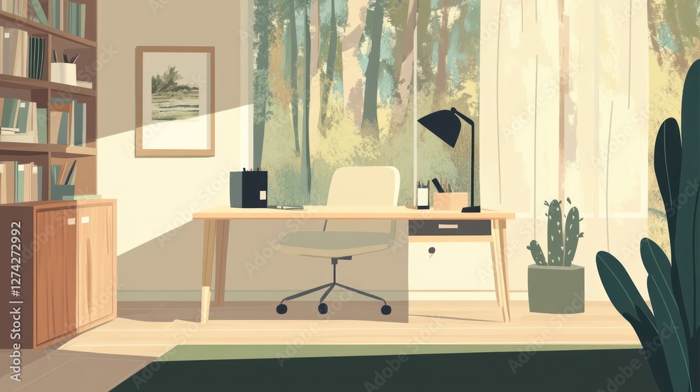 Fototapeta premium Sunlit home office with forest view