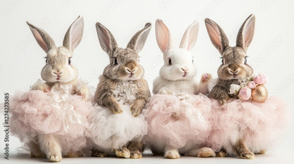 Obraz premium Three rabbits wearing colorful tutus sitting together on a grassy surface in a playful setting