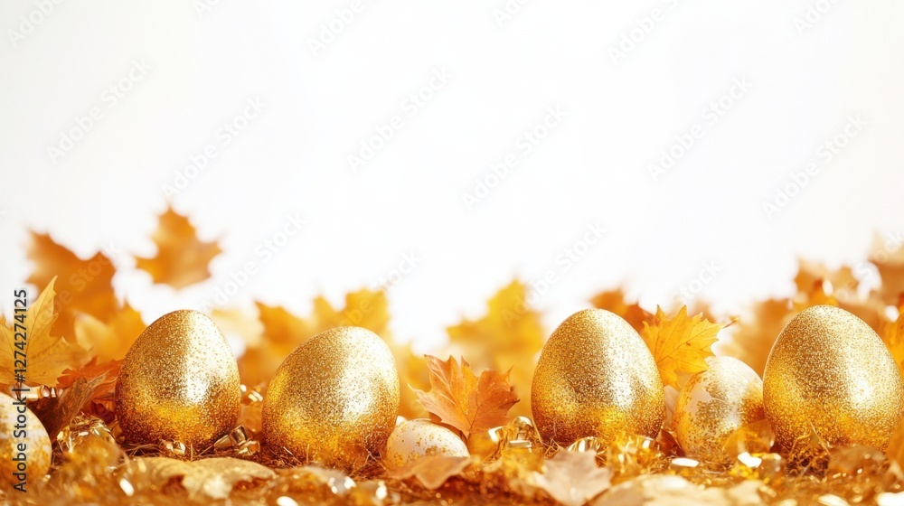 Fototapeta premium Golden easter eggs nestled among colorful autumn leaves on the ground
