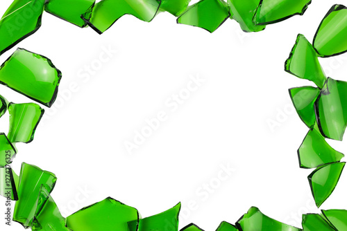 Sharp and jagged pieces of broken green glass cut out on a white background, symbolizing fragility and caution.