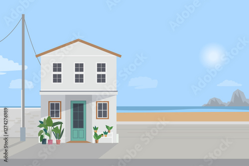 A cute white house on the background of the ocean and beach. Vector flat illustration.