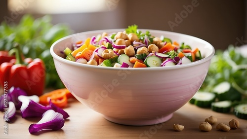 A heart-shaped bowl filled with a variety of colorful vegetables and nuts
