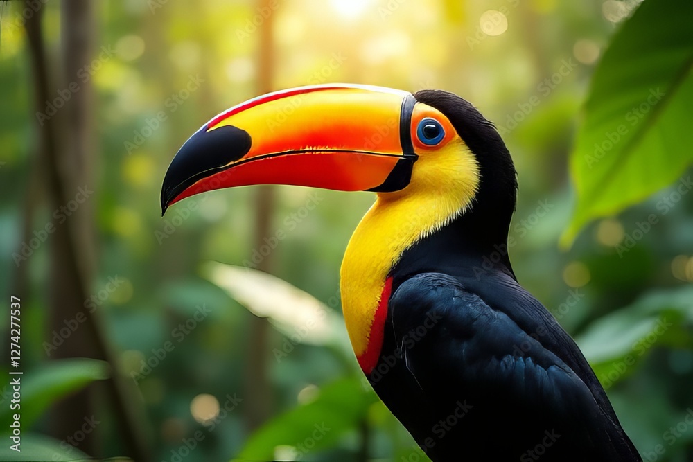 Naklejka premium Vibrant Toucan in Lush Rainforest Environment