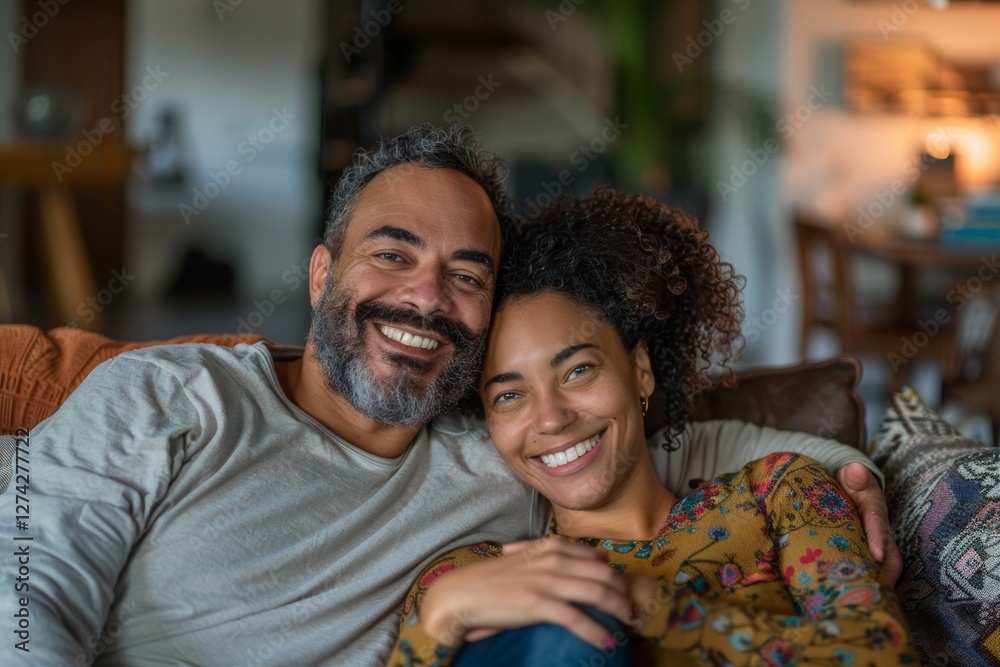 Portrait of a joyful mixed race couple in their 40s sitting on the couch relaxing Portrait of a joyful mixed race couple in their 40s sitting on the couch relaxing