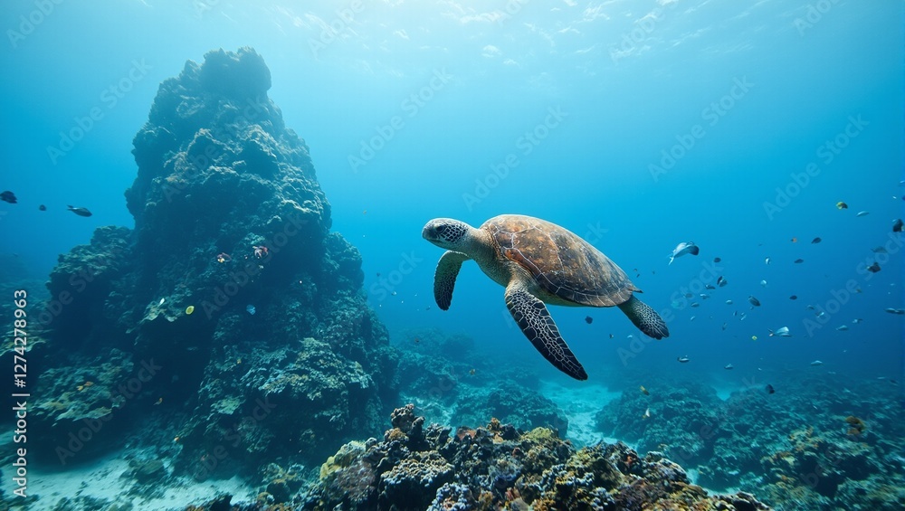 Fototapeta premium Graceful sea turtle near underwater mountain surrounded by coral and fish