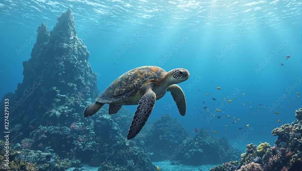 Naklejka premium Graceful sea turtle near underwater mountain surrounded by coral and fish