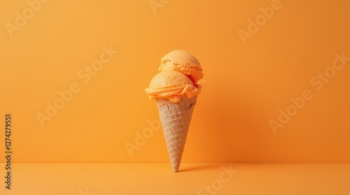 Enjoying a Refreshing Orange Ice Cream Cone Against a Vibrant Orange Backdrop photo