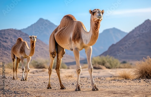 Two camels walk in the desert, one camel is looking at the camera. The background of the photo has mountains and a blue sky.