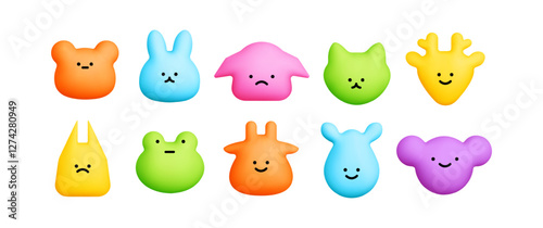 Animal face emoji. Cute kawaii cat,dog,bear, rabbit, cow, pig, deer,frog kid sticker. Baby animal character. 3d cartoon vector illustration
