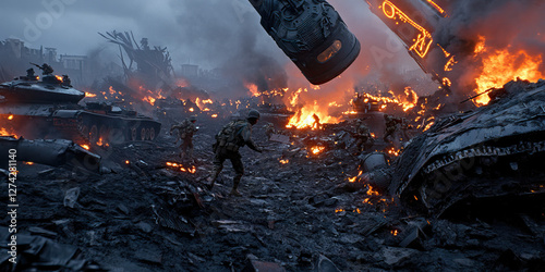 Soldiers Amidst Burning Tanks and Urban Destruction