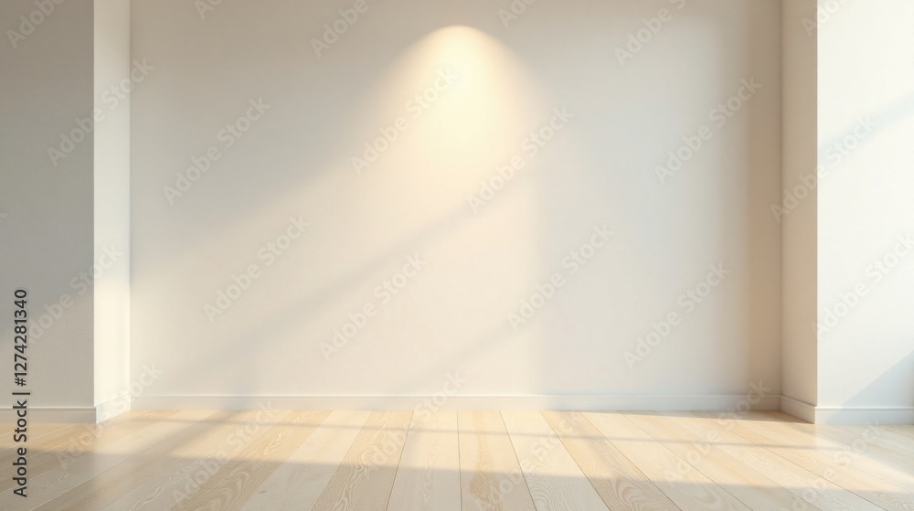 Empty Room Interior Design Mockup with Sunlight Streaming Through Window and Light Fixture Illumination on Neutral Wall