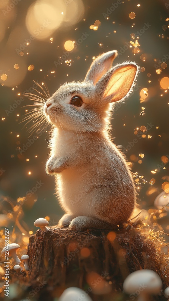 A cute rabbit stands on a stump, illuminated by soft golden light, surrounded by whimsical sparkles and mushrooms. A cute rabbit stands on a stump, illuminated by soft golden light, surrounded by whimsical sparkles and mushrooms.