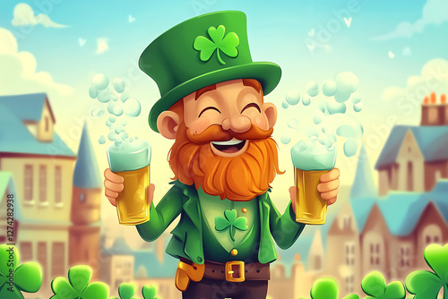 Cheerful leprechaun celebrating with two frothy beers in a vibrant village setting, surrounded by clovers photo